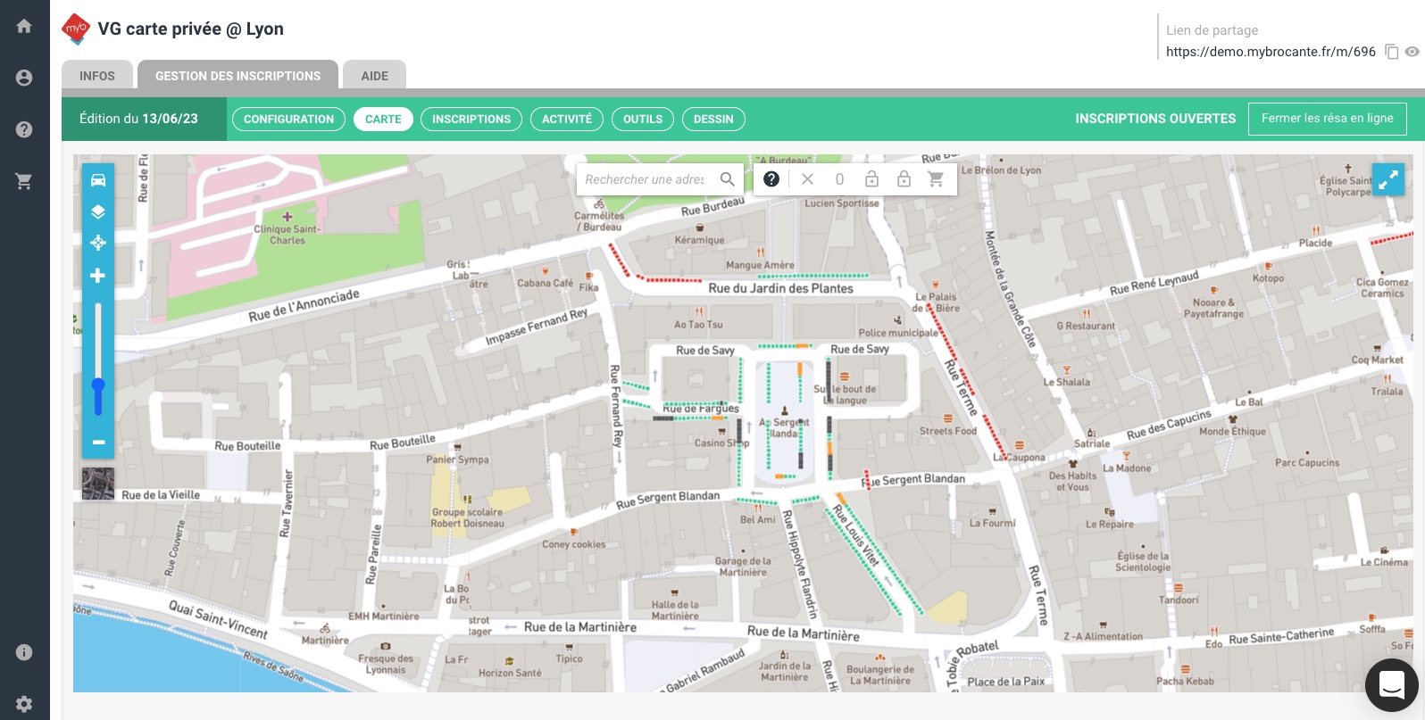 Visuel de la carte interactive sur MyBrocante qui permet de gérer les emplacements des exposants pour la brocante. 